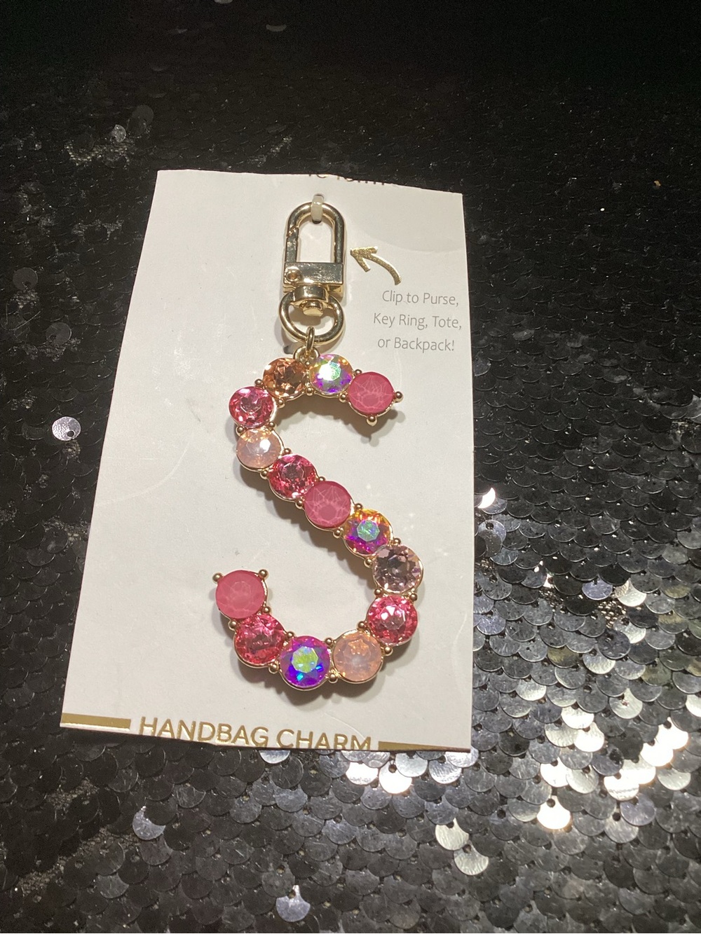 Pink Crystal 'S' Handbag Charm Keyring - Gold Tone